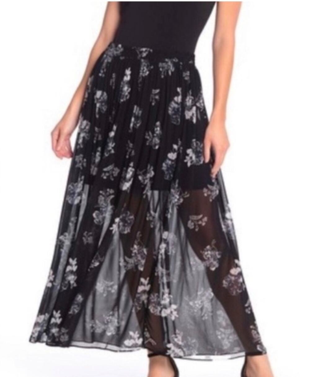 NWT Free People Black Floral Printed Floral Midi Skirt